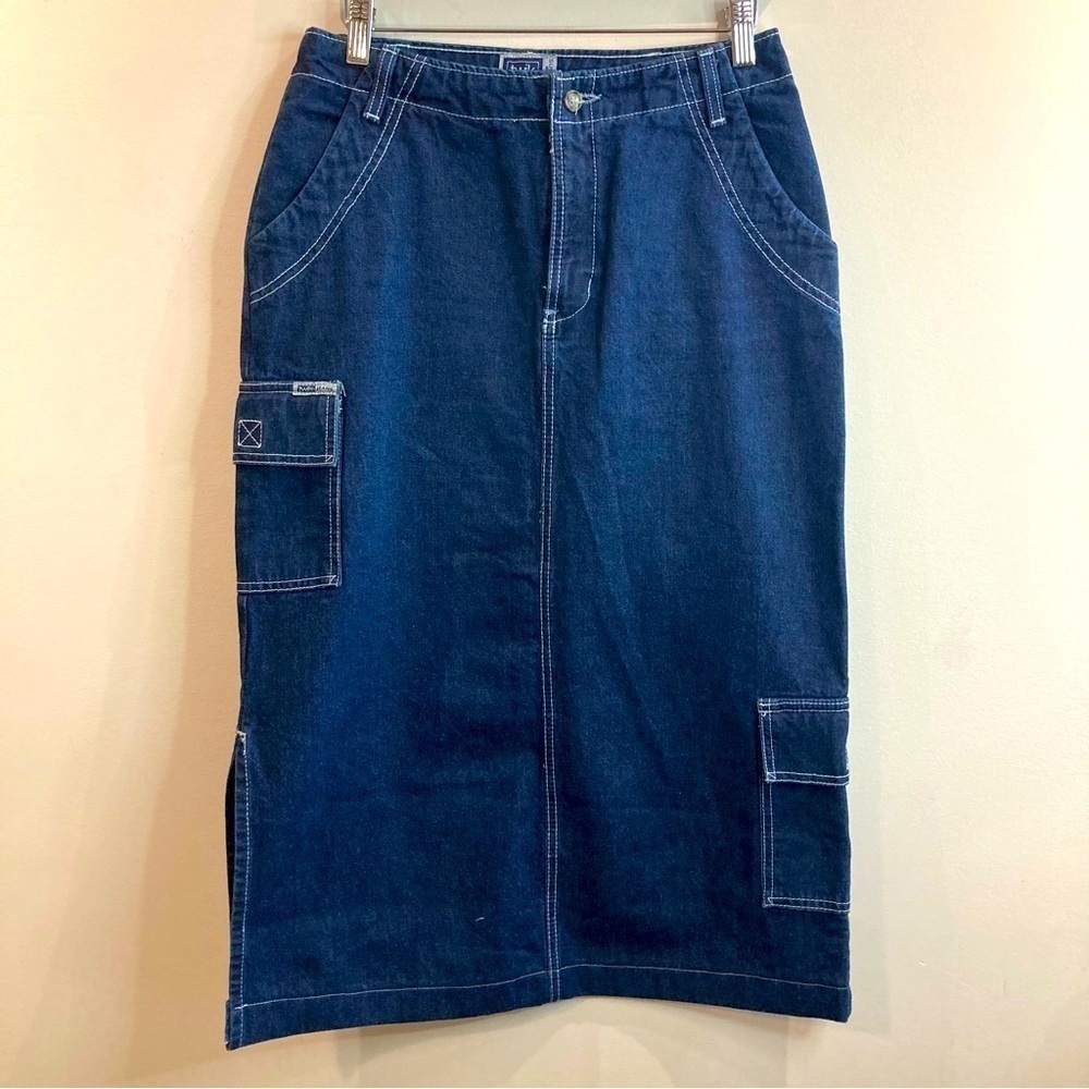 TWIK Sz 29 By Simmons Midi Length Multiple Pockets Cargo Style Denim Jeans Skirt